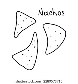 Mexican corn chips nachos or tortilla chips, doodle style flat vector outline for coloring book