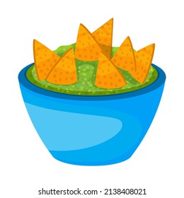 Mexican corn nachos with green sauce in a blue plate. Cartoon vector illustration isolated on white background.