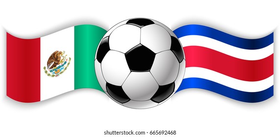 Mexican and Costa Rican wavy flags with football ball. Mexico combined with Costa Rica isolated on white. Football match or international sport competition concept.