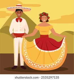 Casal mexicano em charro e trajes folclóricos ao ar livre, Vetor