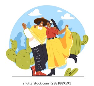 Mexican couple concept. Man and woman in traditional mexican clothes at nature. Young guy in sombrero and girl in yellow skirt near cactus. Culture and traditions. Cartoon flat vector illustration