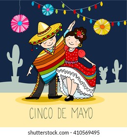 Mexican couple,  dancers in the night, greeting card for the for cinco de mayo holiday, hand drawn vector illustration