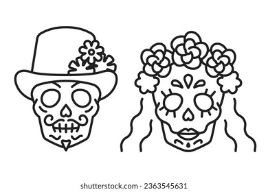 A mexican couple of lovers. Line icons of man in top hat and girl in a flower wreath. Day of the Dead concept. Editable stroke, line thin icon.