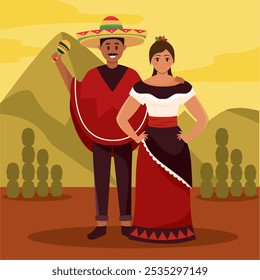 Mexican couple with maracas in traditional clothing, Vector