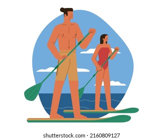 Mexican couple standing on paddle boards in sea or ocean waves. Couple enjoying modern water sport - sup surfing. Summer activity and healthy lifestyle. Flat vector illustrations.