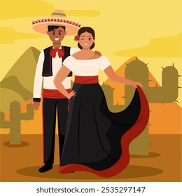 Pareja mexicana con ropa tradicional en el desierto, Vector