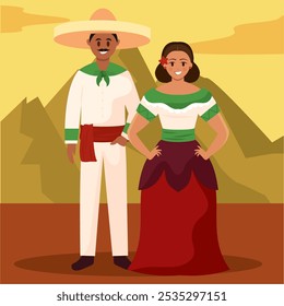 Pareja mexicana con ropa tradicional posando al aire libre, Vector