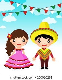 Mexican couple traditional costume cartoon boy girl.