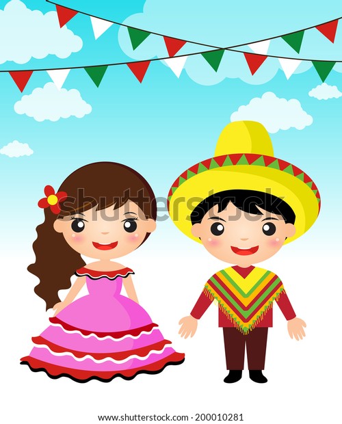 Mexican Couple Traditional Costume Cartoon Boy Girl