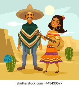 Mexican couple. Vector flat cartoon illustration