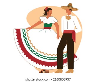 Mexican couple wearing national clothes. Mexico dancers on a Cinco De Mayo festival. Latin America folk performance. Flat vector illustration