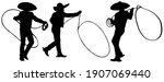 Mexican Cowboy doing rope tricks silhouette in black on white background 