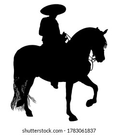 Mexican cowboy riding a charro horse vector graphic silhouette in black on white background 