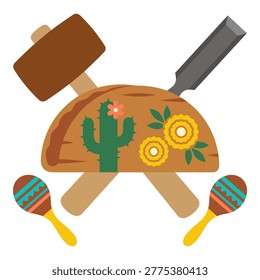 Mexican craft workshop concept featuring wooden taco sculpture decorated with cactus and flowers plus maracas.