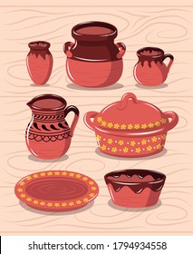 Mexican Crafts  of Clay like Plates, Jars and Pitchers, ClipArt