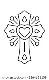 Mexican cross for prayer. The bright Catholic cross is decorated with a heart. A traditional religious item in Latin American cultures. Linear illustration. Editable stroke, thin icon.