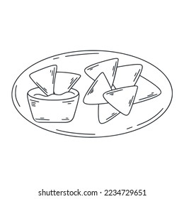 Mexican cuisine appetizer nacho doodle illustration. Corn tortilla chips with toppings. Latin American food simple ink outline vector