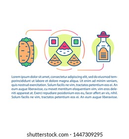 Mexican cuisine article page vector template. Burrito, nachos, tequila. Brochure, magazine, booklet design element with linear icons and text boxes. Print design. Concept illustrations with text space