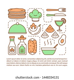 Mexican cuisine article page vector template. Catering service. Brochure, magazine, booklet design element with linear icons and text boxes. Print design. Concept illustrations with text space