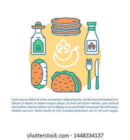 Mexican cuisine article page vector template. Catering service. Brochure, magazine, booklet design element with linear icons and text boxes. Print design. Concept illustrations with text space