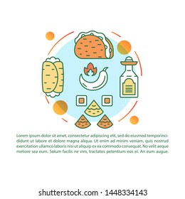 Mexican cuisine article page vector template. Mexico national dishes. Brochure, magazine, booklet design element with linear icons and text boxes. Print design. Concept illustrations with text space