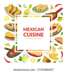 Mexican Cuisine Banner with Traditional Delicious Dishes and Space for Text, Takeaway Meal, Restaurant or Cafe Design Vector Illustration