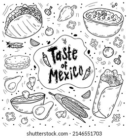 mexican cuisine, burrito, tacos, nachos, guacamole, vector flat illustration in line drawing style, doodle