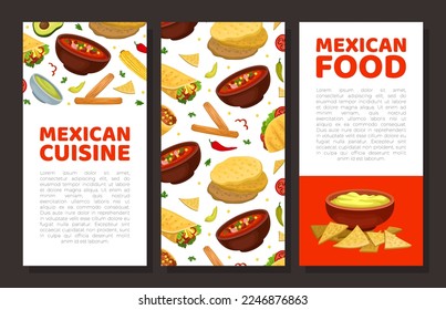 Mexican cuisine card templates set. Restaurant, cafe, bar poster, card, banner with traditional Mexican food and space for text cartoon vector