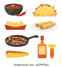 Mexican cuisine cartoon dishes illustration set