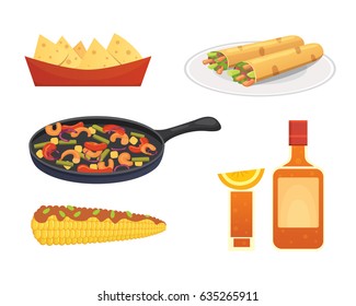 Mexican cuisine cartoon dishes illustration set