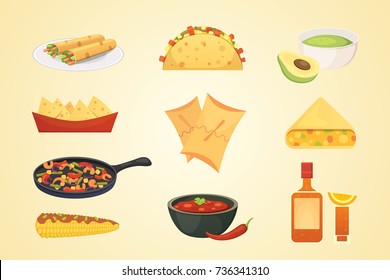 Mexican cuisine cartoon dishes illustration set vector