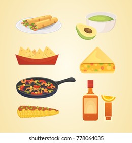 Mexican cuisine cartoon dishes illustration set vector