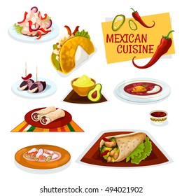 Mexican cuisine cartoon icon with taco, burrito and beef tortilla roll, bacon tapas, avocado guacamole and hot tomato salsa sauces, spicy chilly bean soup, chicken salad and fish soup