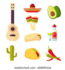 Mexican cuisine cartoon vegetables, food and drinks vector menu icons