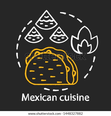 Mexican cuisine chalk concept icon. Chili fast food. Hispanic streetfood. Mexico tortilla dishes. Traditional spicy taco and nachos idea. Vector isolated chalkboard illustration