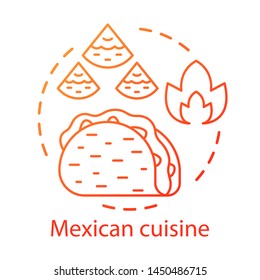 Mexican cuisine concept icon. Chili fast food. Hispanic streetfood. Mexico tortilla dishes. Spicy taco and nachos idea thin line illustration. Vector isolated outline drawing. Editable stroke