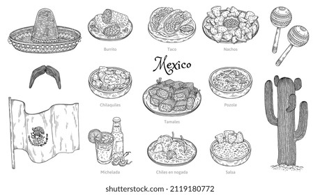 Mexican cuisine and culture icons collection, hand drawn engraving vector illustration isolated on white background. Traditional Mexican food and symbols.