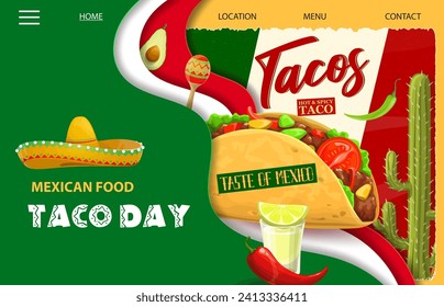 Página de inicio de entrega de comida mexicana con tacos para el sitio web de comida Tex Mex, plantilla vectorial. Cocina mexicana restaurante de comida rápida o página de aterrizaje de bar con botones, chile, aguacate y tequila