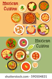 Mexican cuisine dinner dish icon of meat, cheese tortilla, chicken burrito, vegetable beef stew, chilli tomato, salsa bean, meatball, chicken, fish soups, beef steak, fried cod and chicken wings