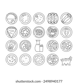 mexican cuisine dinner food icons set vector. table chili, salsa meal, lunch tortilla, pepper mexico, tomato, vegetable restaurant mexican cuisine dinner food black contour illustrations