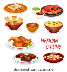 Mexican cuisine dinner icon with appetizer and sauce. Chili and avocado sauce with meat burrito and chicken, stuffed pepper, chicken soup with tortilla and beef steak, meat stew and vegetable soup