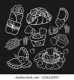 Mexican cuisine dishes on a black background. Chalk background. Hand drawn nachos, tacos, burritos.