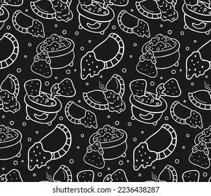 Mexican cuisine dishes on a black background. Chalk background. Black and white wallpaper, pattern