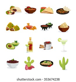 Mexican cuisine dishes snacks and drinks flat icons set with cactus national symbol abstract isolated vector illustration 