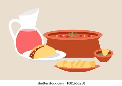 Mexican cuisine dishes vector illustration. Set of traditional meals for Mexico. Template for mexican cafe or restaurant. Demonstration of serving nachos and burrito. Large saucepan with sauce