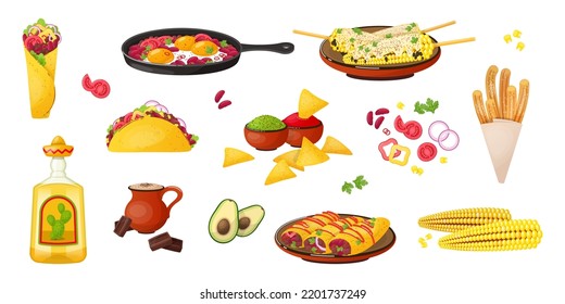 Mexican cuisine dishes vector illustrations set. Collection of cartoon drawings of traditional Mexican tacos, burritos, nachos with spices, churros isolated on white background. Mexican food concept