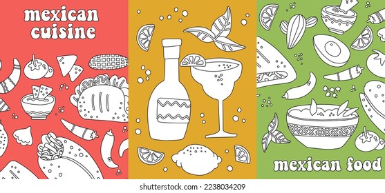 Mexican cuisine doodle food banners template set. National lLatin American spicy food, fast food, snacks. Sketch design for restaurant, menu. Fiesta mexicana. Vector hand drawn linear illustration.