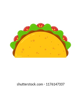 Mexican cuisine fast food delicious tacos drawing. Vector flat illustration traditional taco meal with meat sauce, beef or chicken, tomato and salad isolated on white background for cafe menu.