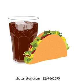 Mexican cuisine fast food delicious tacos and soda. Traditional taco meal with meat sauce, beef or chicken, tomato and salad isolated on white background for cafe menu. Vector illustration