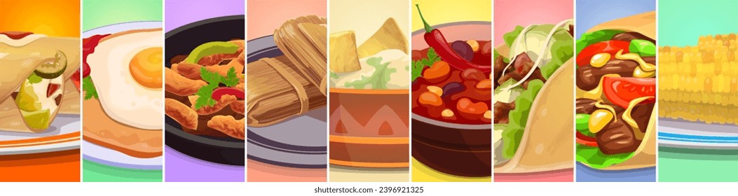 Mexican cuisine food collage. Tex mex food vector meal of Mexico taco, burrito, chili sauce and avocado guacamole, corn, nachos, chicken fajitas, tomato beans and tamale. Mexican menu dishes collage